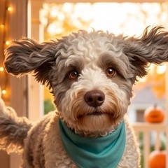 Maya, lockiger spanischer Wasserhund mit türkisem Halstuch